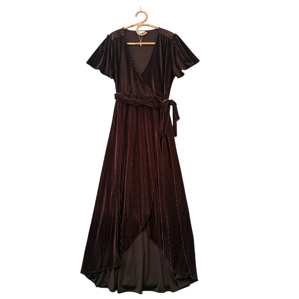 Baltic Born | Burgundy Brown Velvet Pleated Wrap Maxi Dress Size XXL